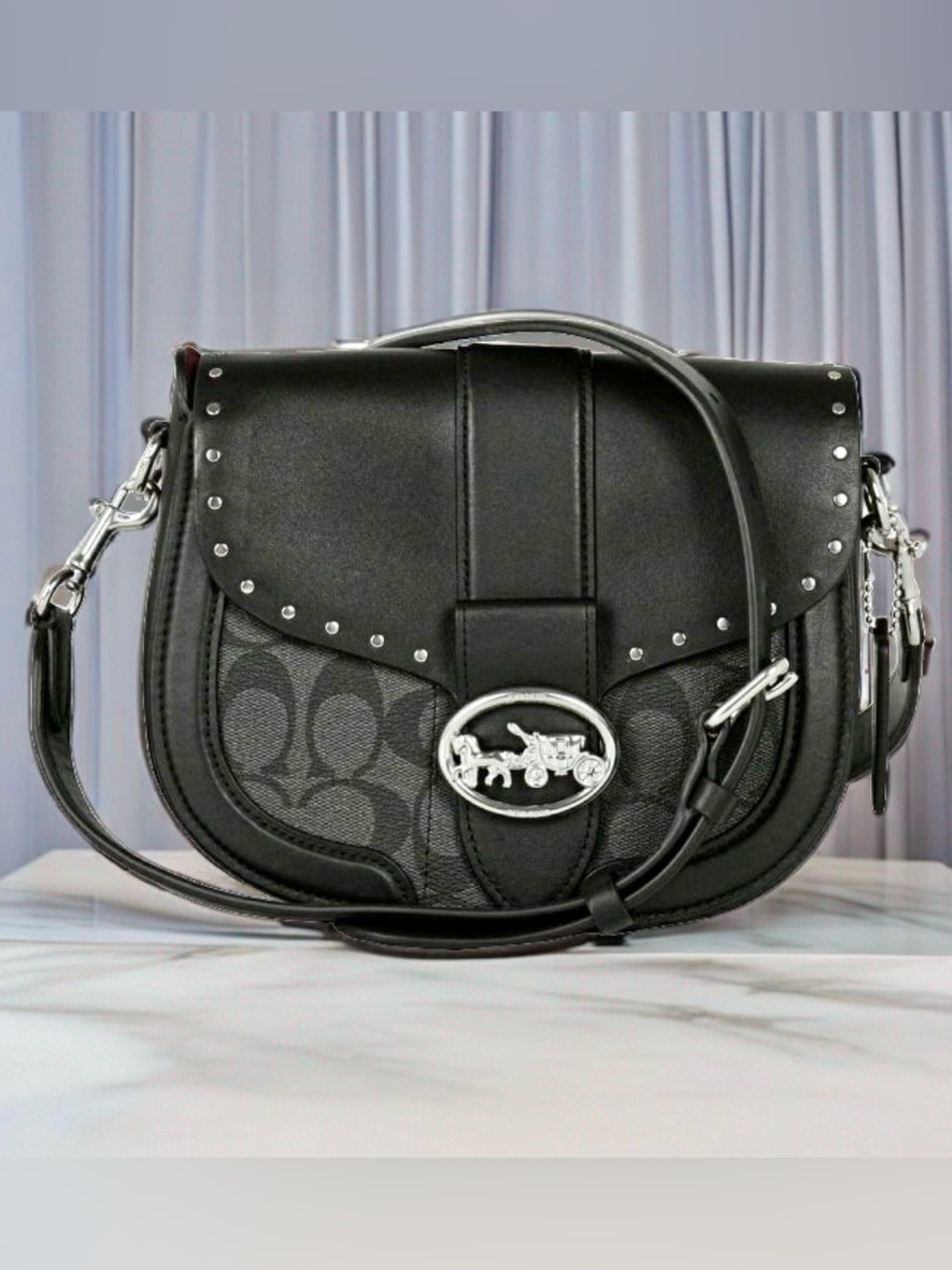 *SOLD* COACH Georgie Saddle Bag – Black Graphite Leather with Studded Flap